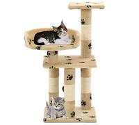 Teenpull Cat Scratcher with Sisal Pillars and Paw Print, 65 cm Height, Compact Beige Plush, Climbing Tower with Cave and Hammock for Claw Care and Play in the Home
