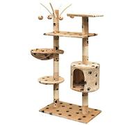 Teenpull Cat Scratching Post 125 cm Beige with Paw Print, Solid Wood and Sisal, Climbing Tower with Cave, Lounger and Toy, Sturdy Cat Tree for Claw Care and Play in the Living Room