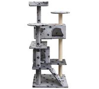 Teenpull Cat Scratching Post 125 cm Grey with Paw Print Solid Wood and Sisal Plush Covered with Scratching Posts, Climbing Tree, Cave and Hammock for Indoor Cat Furniture in the Living Room