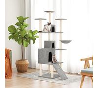 Teenpull Cat Scratching Post, Climbing Tower with Sisal Scratching Posts, Light Grey, 175 cm, Plush Cat Furniture with Caves and Ladder, Compact, Stable for Claw Care and Play in the Living Room