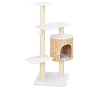 Teenpull Cat Scratching Post Sisal Seagrass with Plush and Solid Wood, Compact Cat Tree Climbing Tower with Scratching Post, Cave and Viewing Platform for Claw Care and Playing in the Living Room and