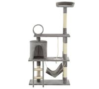 Teenpull Cat Tree with Sisal Scratching Posts, 140 cm Height, Grey, Plush Cat Furniture with Hammock, Climbing Tower, Climbing Tree with Scratching Barrel, Claw Care and Climbing, Stable for Living