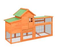 Teenpull Chicken Coop Brown Solid Pine Wood 186.5 x 58.5 x 113 cm with Weatherproof Roof, Wire Mesh Protection, Nesting Box and Ramp for Garden, Outdoor and Small Animal Hutch