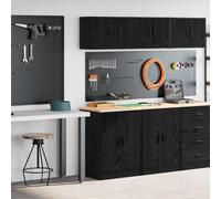 Teenpull Garage Cabinets Pack of 2 Black Wood Material with Pine Worktop, 60 x 51 x 85 cm Storage Cabinet and 60 x 30 x 41 cm Wall Cabinet, Ideal for Workshop, Garage, Office, Warehouse