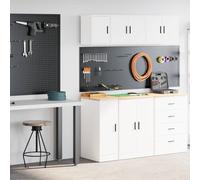 Teenpull Garage Cabinets Pack of 2 White Wood Material with Pine Worktop, 30 x 51 x 85 cm, Tool Cabinet and Wall Cabinet, Versatile for Workshop, Garage, Warehouse, Office
