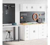 Teenpull Garage Cabinets Pack of 2 White Wood Material with Solid Pine Worktop 30 x 51 x 85 cm and Wall Cabinet 30 x 30 x 41 cm for Workshop Garage Office Storage and Order