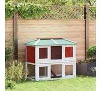 Teenpull Small Animal Hutch Made of Solid Wood with 2 Levels and Green Roof, Weatherproof Rabbit Hutch for Rabbits and Guinea Pigs, Compact Rodent Cage with Run for Indoor and Outdoor Use