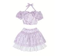 Teens 2 Piece Outfits Summer Short Sleeve Tie Neck Cat Graphic Halter Crop Top with Cute Print Mini Skirt Set, Purple Pink, Medium