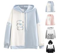 Teens Blue Pink Grey Black Hooded Sweatshirt Cute Cat Print Kawaii Warm Coffee Wine Fleece Patchwork Casual Long Sleeve Orange Pullover Tops Womens Hoodie for Spring Autumn Plus Size XXL XL L M S XS