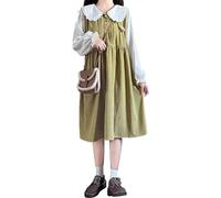 Teens Corduroy Dress Women Trendy Casual Cute Ruffle Peter Pan Collar Long Sleeve Smocked Dresses Kawaii Fall Outfits, Green, S
