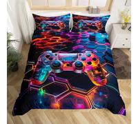 Teens Gaming Duvet Cover Set Double Size, Modern Gamer Comforter Cover with 2 Pillowcases, Honeycomb Gamepad Bedding Set 3pcs for Kids Boys Adult Room Decor Videogame Reversible Bedspread Cover