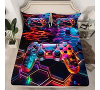 Teens Gaming Fitted Sheet Double Size, Modern Gamer Bed Cover with 2 Pillowcases, Honeycomb Gamepad Bedding Set 3pcs for Kids Boys Adults Game Room Decor, Soft Polyester Bedding