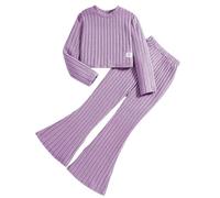 Teens Girls Fall Knit Outfits Solid Long Sleeve Sweatshirt Top Knitted Sweater Warm Flare Pants Sets Kids Girl Fall Winter Soft Suits Teens Casual Outdoor Sport Sweater Outfits (Purple, 8 Years)