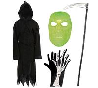 Teens Glow in the Dark Reaper Costume - XLarge - Black Robe With Hood, Glow in Dark Skeleton Mask, Skeleton Gloves and 5 Piece Scythe - Perfect for Halloween Fancy Dress