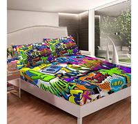 Teens Graffiti Pattern Bed Sheet Set Boys Hippie Graffiti Style Bedding Set Hip Hop Style Fitted Sheet for Kids Child Room Decor Street Culture Theme Bed Cover Single Size With 1 Pillow Case