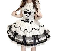 Teens Lolita Sleeveless Dress Sweet Heart Shape Lace Trim Cute Dresses A-line Tiered Ruffle Princess Party Dress, White and Black, S