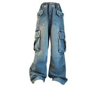 Teens Vintage Denim Cargo Jeans Casual High Elastic Waist Pants Y2k Girls Loose Fit with Heavy-Duty Pockets Streetwear Kid Straight-Leg Hip Hop Baggy Jean (Blue, 13-14 Years)
