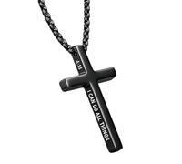 Teensmagic Men's Philippians 4:13 Cross Necklace, Stainless Steel Engraved Bible Verse Pendant, Silver/Black/Gold Religious Christian Faith Jewelry Gift for Men, 24 Inch, Stainless Steel, No Gemstone