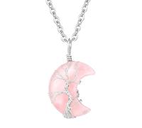 Teensmagic Tree of Life Crescent Moon Necklace for Women, Wire Wrapped Healing Crystal Pendant Boho Jewelry, Natural Gemstone Quartz Spiritual Gifts for Women, 1.57"*1.18", Crystal, No Gemstone
