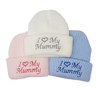 Teeny Buddens Baby Beanie Hat, I Love My Mummy Design, Newborn Size, Pink, White or Blue (White)