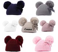 Teeny Buddens Baby Bobble Personalised pom pom hat with or Without Bow Girls Boys Embroidered Newborn-12 Months (Burgundy)
