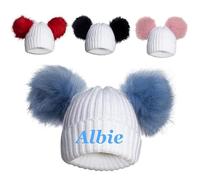 Teeny Buddens Baby boy Girl Unisex Bobble hat Personalised Embroidered White Newborn-12 Months Choice of pom pom Colours(Red pom pom)