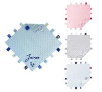 Teeny Buddens Baby Comforter Personalised Embroidered Taggy Taggie Security Blanket Satin Back Feet Design (Blue)