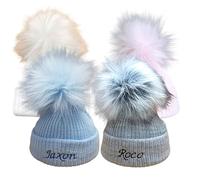 Teeny Buddens Personalized Newborn Baby Bobble Hat - Cute Embroidered Name Beanie, Pink/Grey/White/Blue, Perfect Baby Shower or Newborn Gift