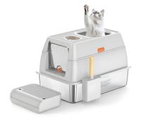 TEENY PAWTY XL Stainless Steel Cat Litter Box with Enclosure and Pooper Scooper - Durable White Metal Litter Box for Big Cats, High Sides for Anti-Leakage, Never Absorbs Odors, Non-Sticky - (60x40cm)