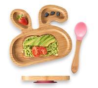 Teeny Weany® Baby Plate & Toddler Plates | Bamboo Suction Plate | Baby Spoons | Eco-Friendly | Non-Toxic | Divided Sections | Promotes Self-Feeding | Bunny Plate Pink