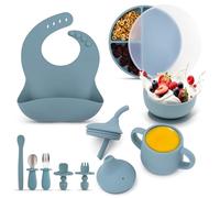 Teeny Weany Baby Weaning Set | Silicone Suction Plate, Suction Bowl, Bib, Sippy Cup + Straw, Toddler Spoon + Fork, Weaning Fork + Spoon | 9 Piece Feeding Set for Baby Led Weaning (Blue)