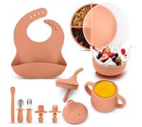 Teeny Weany Baby Weaning Set | Silicone Suction Plate, Suction Bowl, Bib, Sippy Cup + Straw, Toddler Spoon + Fork, Weaning Fork + Spoon | 9 Piece Feeding Set for Baby Led Weaning (Pink)