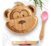 Teeny Weany® Bamboo Toddler Plates | Baby Plate and Spoon, Bamboo Plate with Secure Suction, Eco - Friendly Divided Plate, Promotes Self-Feeding for Babies from 6 Months, Monkey (Pink)
