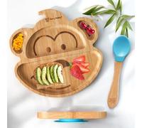Teeny Weany® Bamboo Toddler Plates | Baby Plate & Weaning Spoons | Suction Plates | Eco-Friendly | Non - Toxic | Strong Suction Base | Divided Sections | Promotes Self-Feeding | Monkey Blue