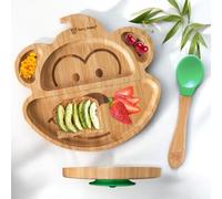 Teeny Weany® Bamboo Toddler Plates with Spoon | Suction Plate | Weaning Spoons | Baby Plates | Non Toxic | Eco - Friendly | Divided Sections | Promotes Self-Feeding | Monkey Green