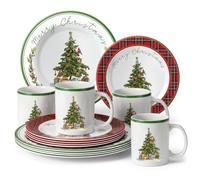 Teenyyou 12 Pcs Christmas Tree Dinnerware Set Service for 4 Include 10'' Melamine Xmas Tree Dinner Plate and 8'' Red Plaid Dessert Plate Ceramic Mug for Xmas Party, Gift for Christmas
