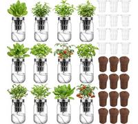 Teenyyou 12 Set Hydroponic Herb Garden Planter Indoor Kit, Include 12 Self Watering Mason Jars 12 Planting Baskets 12 Pre Sown Growth Plugs and 12 Absorbent Cores Herb Growing Kit for Gardening