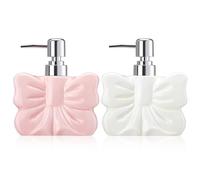 Teenyyou 2 Pack Ceramic Bow Shape Soap Dispensers Cute White and Pink Coquette Bow Hand Sanitizer Bottle 12 oz Hand Soap Dispenser with Pump Bathroom Lotion Dispenser for Bathroom Kitchen Countertop
