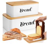 Teenyyou 2 Pcs Extra Large Bread Box with Bread Slicer and Bamboo Cutting Board Lid Farmhouse Large Capacity Metal Multi-size Bread Box Set Bread Cake Slicing Guide for Kitchen Countertop(White)