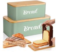 Teenyyou 2 Pcs Extra Large Bread Box with Slicer, Metal Farmhouse Bread Storage Container with Bamboo Cutting Board Lids Multi-size Breadbox Set for Kitchen Countertop (Sage Green)