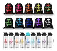 Teenyyou 20 Pcs Christian Party Favors Bulk Church Gifts Includes 10 Drawstring Backpack 10 Christian Sport Bottles, Black, Drawstring backpack is about 13.78 x 16.93 inches, Jesus Loves You