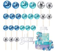 Teenyyou 24 Pcs Disco Ball Cupcake Toppers Happy Birthday Cake Topper 1970s Retro Cake Decorations Shiny Pink Mini Disco Ball Toppers for 70s 80s Theme Party Supplies(Blue, White, Dark Blue)