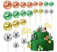 Teenyyou 24 Pcs Disco Ball Cupcake Toppers Happy Birthday Cake Topper 1970s Retro Cake Decorations Shiny Pink Mini Disco Ball Toppers for 70s 80s Theme Party Supplies(Gold, Silver,Green,Brown)