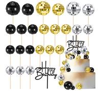 Teenyyou 24 Pcs Disco Ball Cupcake Toppers Happy Birthday Cake Topper 1970s Retro Cake Decorations Shiny Pink Mini Disco Ball Toppers for 70s 80s Theme Party Supplies (Black, Gold, Silver)