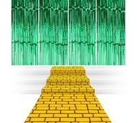 Teenyyou 3 Pcs 4.5 x 9 Ft Yellow Brick Floor Runner Brick Wall Backdrop Carpet with 4 Pcs Foil Fringe Curtain Backdrop Photo Booth Props for Halloween Wizard Cosplay Party(Green)