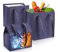 Teenyyou 3 Pcs Insulated Reusable Grocery Bags, Large Capacity Insulated Tote Bags with Zippered Top and Reinforced Handles, Navy Blue, Classic Style