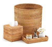 Teenyyou 3 Pcs Rattan Bathroom Baskets Set Wicker Handwoven Trash Can Waste Paper Basket Square Tissue Box Holder Wicker Toilet Vanity Tray Accessories for Bedroom Kitchen Office Organizer Decorative