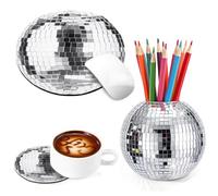 Teenyyou 4 Inch Disco Ball Pen Holder 8 Inch Disco Ball Round Mouse Pad and 4 In Coasters for Desk Accessories Makeup Brush Holder Organizer Pencil Cup Flower Vase for Office Classroom Home Decoration