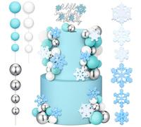 Teenyyou 43 Pcs A Little Snowflake is on the Way Cake Topper Set Baby Shower Cake Decorations Party Supplies for Boy Girl Kids Winter Onederland Gender Reveal Party Christmas (White Blue Silver)