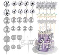 Teenyyou 57 Pcs Cupcake Toppers Glitter Happy Birthday Cake Topper Cake Decorations Kits Disco Balls Star Tinsel Firework Cupcake Picks for Wedding Baby Shower Birthday Party Decor